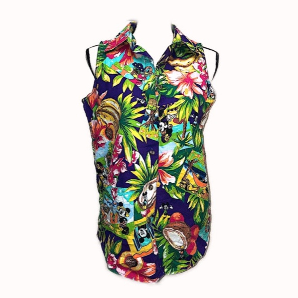 Disney Vintage Tropical Mickey Friends Sleeveless Button Up Down Medium Vacation